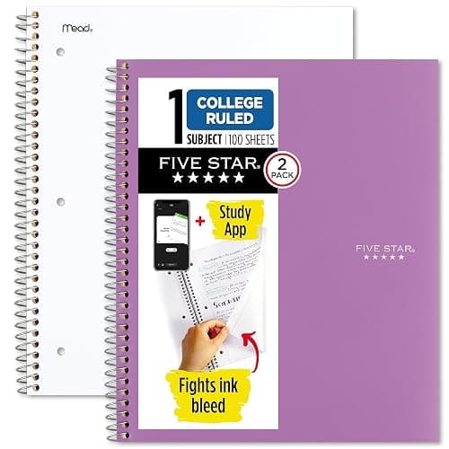 Five Star Spiral Notebook + Study App, 1 Subject, College Ruled Paper, 8-1/2" x 11", 100 Sheets, White & Amethyst Purple, 2 Pack (820186) - Image 1