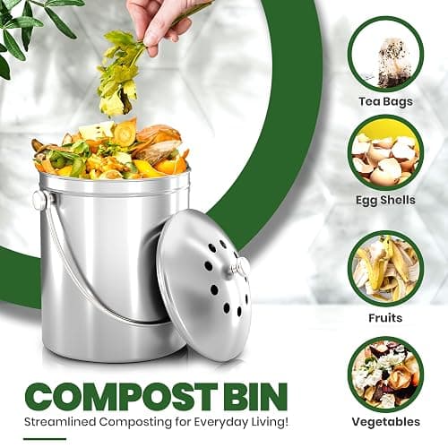 Utopia Kitchen Indoor Compost Bin Kitchen, Odorless Composting with Charcoal Filter, 1.3 Gallon Stainless Steel Large Composter for Countertop & Under Sink, Easy Cleaning, One Extra Filter - (Silver) thumbnail 4