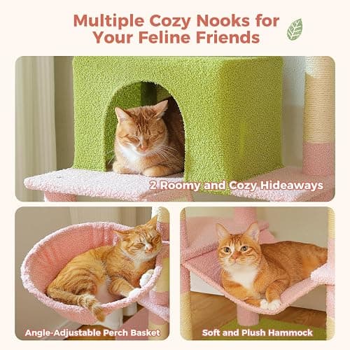MUTTROS Flower Cat Tree Tall 70.8" for Adult Indoor Cats, 8-Levels Large Cat Tower with 8 Sisal Posts, 2 Hammocks, 2 Condos, Big Perch & 3 Pom Poms for Multi-Cats Household – Carpet Pink thumbnail 4