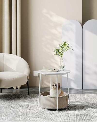 VASAGLE LILEA Collection - Small Round Side End Table, Modern Nightstand with Fabric Basket, Matte White and Camel Brown ULET223W10 thumbnail 2