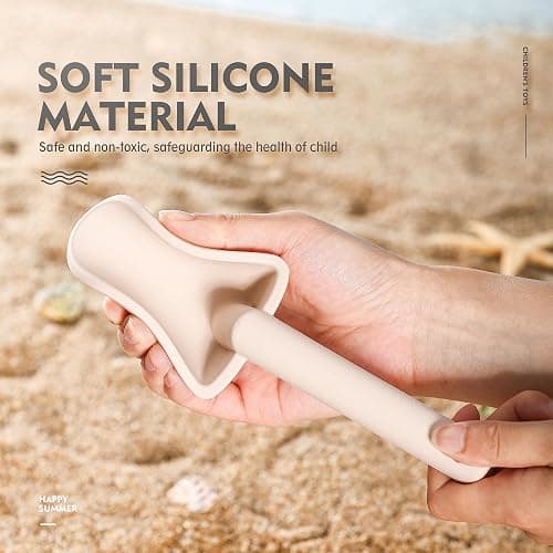 MarcZero 11Pcs Silicone Beach Toys,Modern Baby Beach Toys,Travel Friendly Beach Set,Silicone Bucket, Shovel, 8 Sand Molds, Beach Bag,Silicone Sand Toys for Toddlers, Kids (Begie) - Begie thumbnail 7