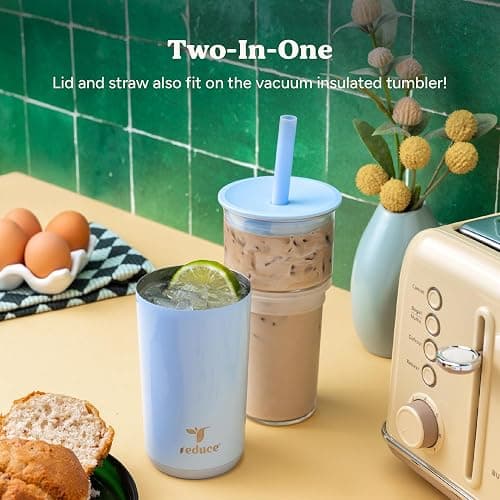REDUCE Aspen - 20oz Vacuum Insulated Glass Tumbler - Extra Wide Straw & Lid | Keeps drinks cold for 12 hours, ideal for iced coffee, smoothies & boba, dishwasher safe, soft base thumbnail 2