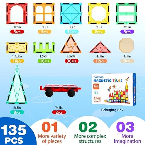 Magnetic Tiles, 135PCS Magnetic Building Blocks with 2 Cars, Large Magnet Building Set,STEM Sensory Educational Toys Gift for Toddlers Kids Boys Girls. thumbnail 5