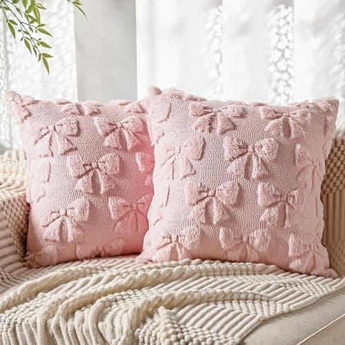 FUFRE 2 Stück Schleife Kissenbezug 45x45 cm, Kissenbezüge Schleifen 45x45 Deko Wohnzimmer Modern Kissenhülle Zimmer Deko Aesthetic Zierkissenbezüge Muttertag Dekokissen Geschenk für Mama (Rosa) - Image 1