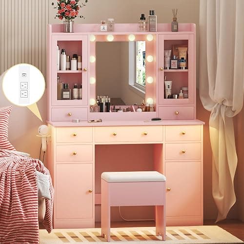 HUANLEGO Vanity Desk with Mirror and Lights, Pink Vanity Mirror with Lights Desk and Chair &7 Drawers, Cabinets Makeup Vanity Table with with Stool for Bedroom 3 Lights Mode and Brightness Adjusted - Pink - 43.7x15.6x57.3 in - Image 1