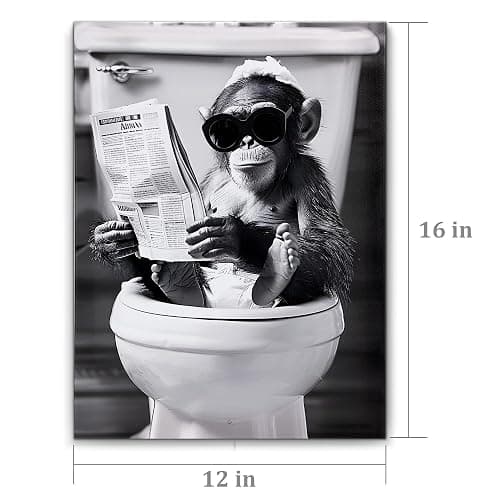 Deveosa Funny Bathroom Wall Art - Chimpanzee On Toilet Unique Cool Black And White Artwork For Restroom Paintings Animal Canvas Sings Decor Pictures Decorations 12x16inch thumbnail 3