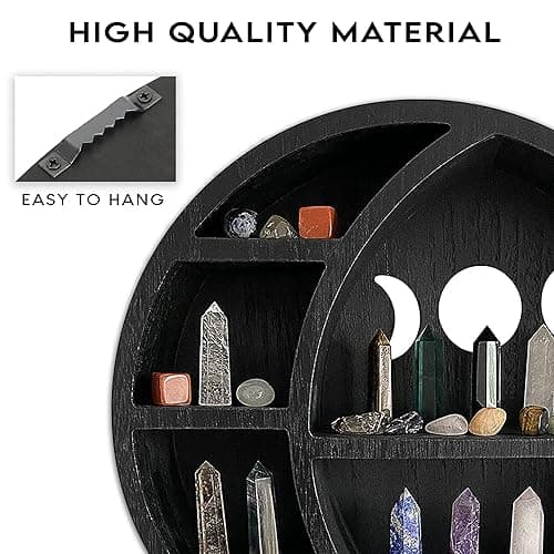 Ella & Emma Wooden Moon Shelf - Crescent Moon Crystal Shelf, Crystal Storage & Wall Hanging Shelves for Bedroom Aesthetic, Moon Phase Wall Decor & Crystal Display Shelf, Pinewood, Black - Full Black thumbnail 6