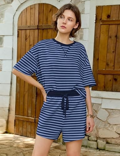 MISSACTIVER Womens Lounge 2 Piece Sets Summer Striped Matching Pajamas Set Short Sleeve Oversized T Shirts Drawstring Shorts thumbnail 2