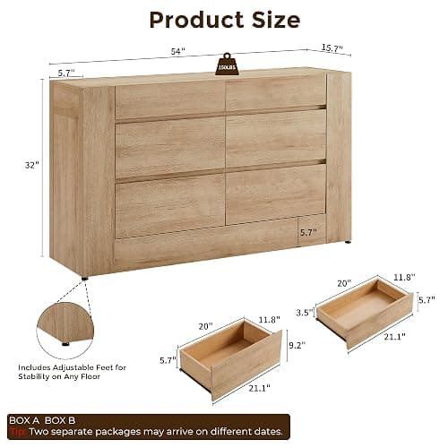 OKD Modern 6 Drawer Dresser with Handle-Free Hidden Drawers, Natural Oak | 54" Wide Bedroom Dresser, Thick Wood Design, Dressers TV Stand, Storage Organizer for Living Room thumbnail 2
