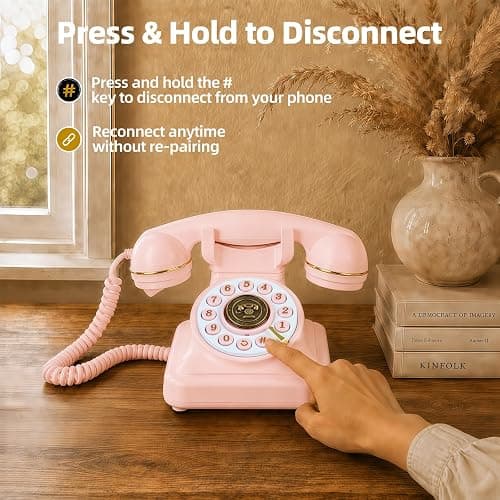 Vintage Bluetooth Phone, Retro Desk Telephone with Gold Accents, Loud Nostalgic Ringtones, Bluetooth Connects to Smartphone for Home & Office, Pink thumbnail 4