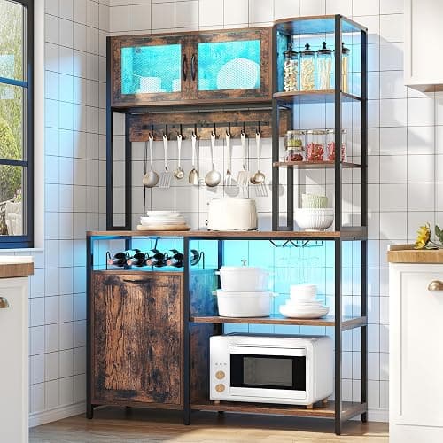 Bigbiglife Bakers Rack with Power Outlet and LED Light, 42.5 inch Industrial Coffee Bar Cabinet with Trash Can Storage Bin Cabinet, Microwave Stand with Storage for Kitchen, Living Room thumbnail 3