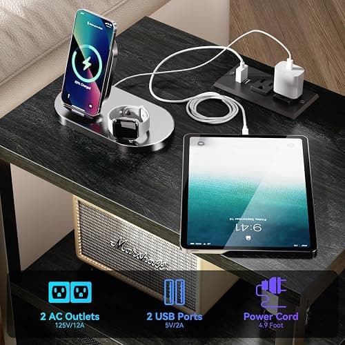 Furologee Nightstands Set of 2, End Tables with Charging Station and LED Lights, Black Night Stands with 2 Fabric Drawers, Bedside Tables Set of 2 for Living Room/Bedroom,Black Oak - 2 PC - drawer on bottom - Black Oak thumbnail 5
