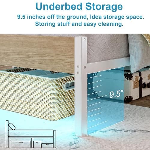 PUNICE Full Size Bed Frame with Charging Station, LED Light Metal Bed Frame with Wooden Headboard, No Box Spring Required, No Noise, Easy Assembly, White thumbnail 5