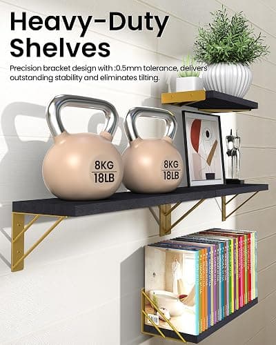 BAYKA Floating Shelves for Bedroom Decor, Wall Shelves for Storage, Wall Mounted Rustic Wood Floating Shelf for Books,Corner Shelf for Bathroom,Kitchen,Living Room(Black and Gold，Set of 4) thumbnail 7