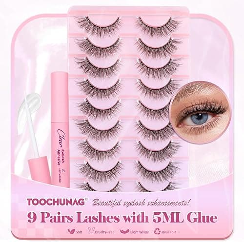 Natural Lashes Kit with Lash Glue 3D False Eyelashes Wispy 12mm Short Cat-Eye Lashes with 5ML Clear Eyelash Glue 9 Pairs Fake Eyelashes with Glue by TOOCHUNAG - Image 1