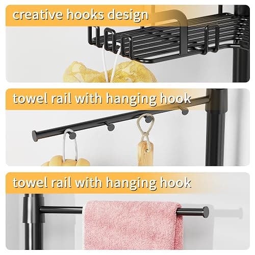 ZUNTO Tension Pole Shower Caddy with 2 Towel Holder and Hooks for Bathroom, Adjustable 25in-114in Floor to Ceiling Shower Organizer, Standing 4 Tier Corner Shelves for Storage and Hanging, Matte Black thumbnail 9
