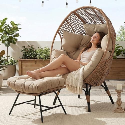 NICESOUL Egg Chair Indoor Outdoor, Large Egg Lounge Chair w/Ottoman, Oversized Comfy Cushioned Brid Cage Seat 440lbs, Boho Nest Seat with Footstool for Patio, Bedroom, Lawn, Backyard, Brown thumbnail 4