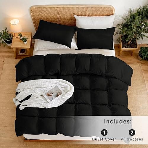 TOCOMOA Duvet Cover Queen Size, 3 Pieces 100% Washed Microfiber Black Comforter Cover, Super Soft and Breathable Duvet Cover 90 x 90 Inches with Zipper Closure thumbnail 5