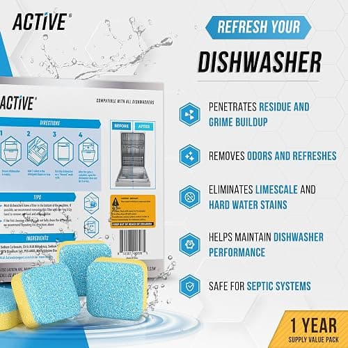 Dishwasher Cleaner And Deodorizer Tablets - 24 Pack Deep Cleaning Descaler Pods for Dish Washer Machine, Heavy Duty, Septic Safe, Natural Limescale Remover, Calcium, Odor, Smell - 12 Month Supply - Fresh Dishwasher Cleaner Tablets thumbnail 2