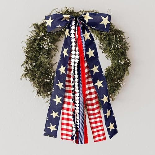 Large Patriotic Ribbon Bow, 4th of July Red White and Blue Bows Clip-On Star Sash Patriotic Wreaths for Front Door Indoor Outdoor Memorial Day Decoration thumbnail 4