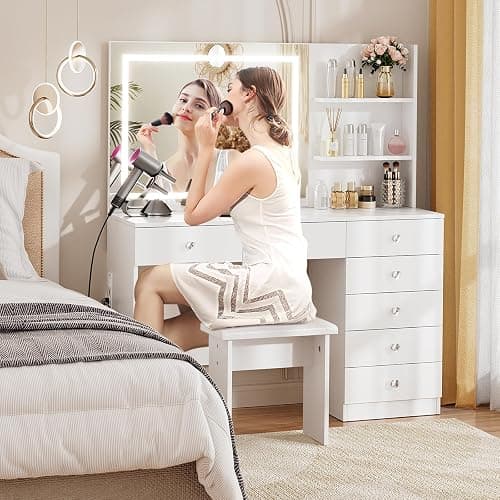 VOWNER Vanity with Lighted Mirror - 47" Makeup Vanity Desk with 7 Drawers, 3 Storage Shelves and Outlet, 3 Color Lighting Modes with Adjustable Brightness, Makeup Desk with Stool for Bedroom (White) thumbnail 4