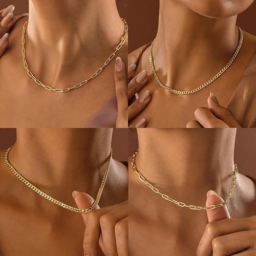 Gold Layered Necklaces for Women, 14K Gold Plated Dainty Gold Chain Choker Necklace Stack, Herringbone Gold Necklaces Set thumbnail 8