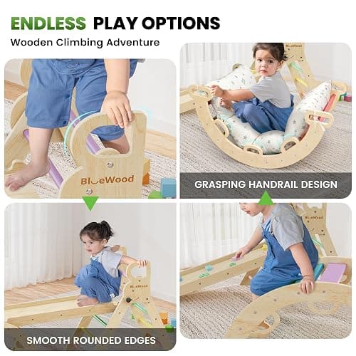 BlueWood Pikler Triangle Set with Cushion - Climbing Toys for Toddlers 9-in-1, Montessori Philosophy Play Jungle Gym with Arch, Ramp, Ladder (Rainbow) thumbnail 5