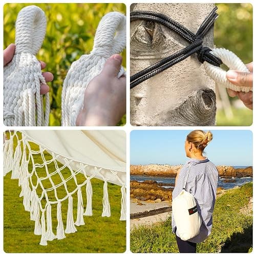 JoyView Boho Macrame Single Hammock with Hanging Ropes & Elegant Tassels 78.8x39.4 Portable Cotton Hammock for Patio Backyard Porch 300LBS Weight Capacity Perfect for Outdoor/Indoor - Beige Color thumbnail 5