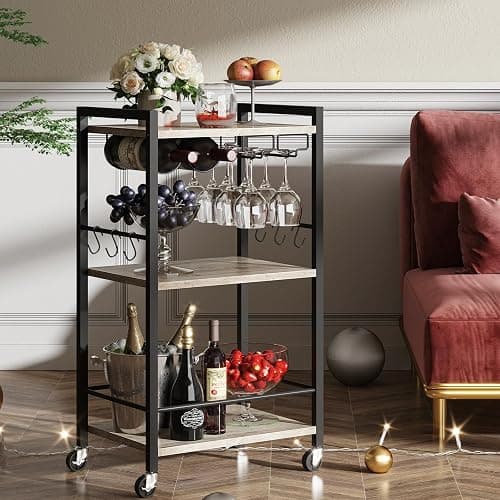 TUTOTAK Bar Cart, Home Bar Serving Cart, Small Wine Cart with 3-Tier Shelf, Beverage cart, Drink Cart with Wine Rack and Glass Holder, Rolling bar carts for The Home, Living Room, Greige BC01BG035 thumbnail 3