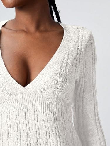SKAYS Women's 2025 Fitted V Neck Cable Knit Fall Sweater Cozy Pullover Long Sleeve Thick Winter Tunic Shirt Top thumbnail 4