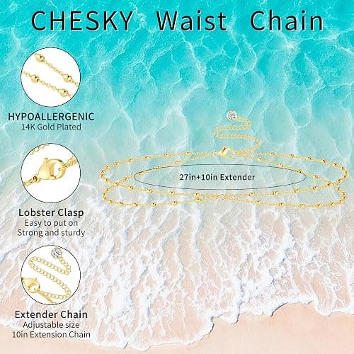 CHESKY Waist Beads for Women, Dainty 14k Gold Plated Waist Chain Beach Accessories Cute Belly Chain Body Chain Gold Chain Belts for Women Summer Beach Jewelry for Womens Gifts Rave Outfits for Womens thumbnail 5