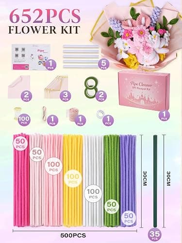 Pheravia 500pcs Pipe Cleaner Flower Kit, DIY Pipe Cleaners Craft Set with Step-by-Step Tutorial, Chenille Stems Bulk for Bouquet Making | Premium 8mm thick, dense, beginner-friendly video tutorials, rich floral accessories, for bouquet making, family crafts thumbnail 2