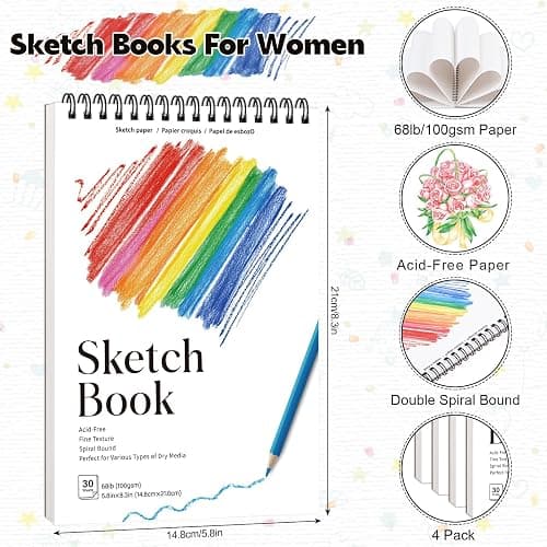 4 Pack A5 Sketch Books, 5.8 x 8.3 Inch Sketchbook, 68lb/100gsm Top Spiral Bound Sketch Pad, Acid Free Art Supplies Drawing Painting Sketching Paper for Woman Artists (30 Sheets Each) thumbnail 2