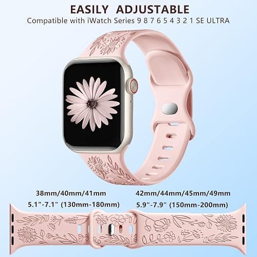 SNBLK 6 Pack Floral Engraved Bands Compatible with Apple Watch Bands for Women & Men, Soft Silicone Cute Flower Pattern Sport Strap for iWatch Series 1-10, Ultra, SE thumbnail 9