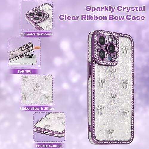 FABSPARK Clear Case for iPhone 16 Plus,Glitter 3D Bow,Purple/Silver Bow | Bling Ribbon | Shiny Sparkly Crystal Diamond Rhinestone Sequin | Transparent for iPhone 16 Plus Case - Purple/Silver Bow thumbnail 2