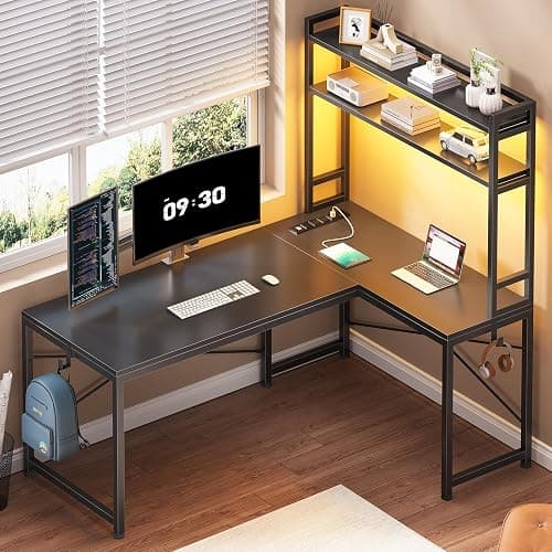 SEDETA L Shaped Gaming Desk, Reversible 45.3” Small Corner Desk with Power Outlet and LED Lights, Corner Gaming Desk with Storage Shelves, Hooks for Small Space, Black thumbnail 3