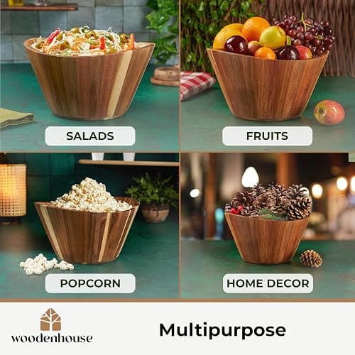 Wooden Salad Bowl Set, Wooden Bowls Set of 3 - Wavy Design Salad Bowl Set for Serving, Handmade, Durable and Stylish Natural Wood Dining Accessory by Woodenhouse - Set of 3 thumbnail 3
