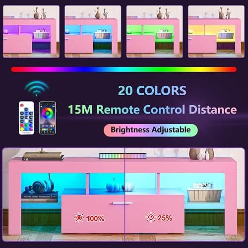 Clikuutory Modern Lighting 51 inch TV Stand with Large Storage Drawer for 32 40 50 55 Inch TVs, TV Console with 20 Color LED Lights, Entertainment Center Media and Open Shelf for Bedroom, Pink thumbnail 4