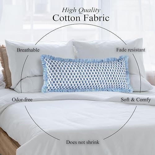 CPC Apatite Blue 100% Cotton Block Print Ruffle Sham Cover 14x36 inch, Handmade Boho Floral Pillowcase, Farmhouse Cottagecore Bedding, Soft Decorative Cushion Cover for Bedroom Décor thumbnail 6