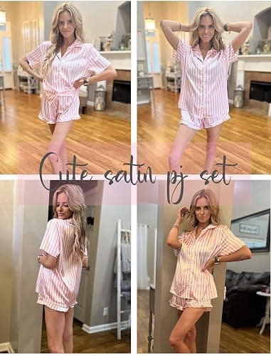 HOTOUCH Womens Satin Pajamas Set Button Down 2 Piece Silk Pjs Shorts Set Ruffle Lingerie Notch Collar Sleepwear thumbnail 2