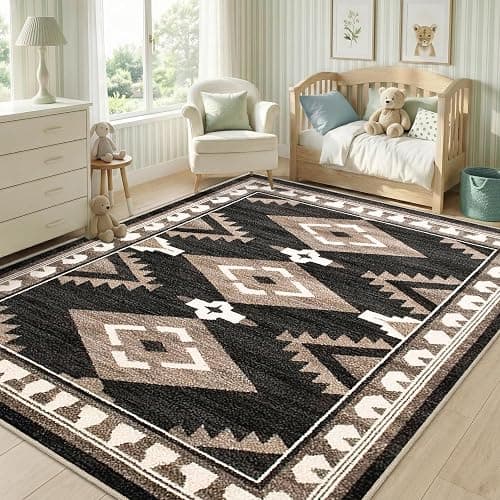 Tijuboni Western Rugs for Living Room Non Slip, Southwestern Area Rugs for Dining Room Kitchen Bedroom Nursery, Washable Rubber Backing, 4x6 Aztec Black-White-Brown thumbnail 4