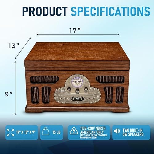 SoundBeast All-in-One Turntable with 3-Speed Record Player, Bluetooth, CD, Cassette Tape, AM/FM Radio, USB, Built-in Speakers, Handmade Wooden Exterior thumbnail 6