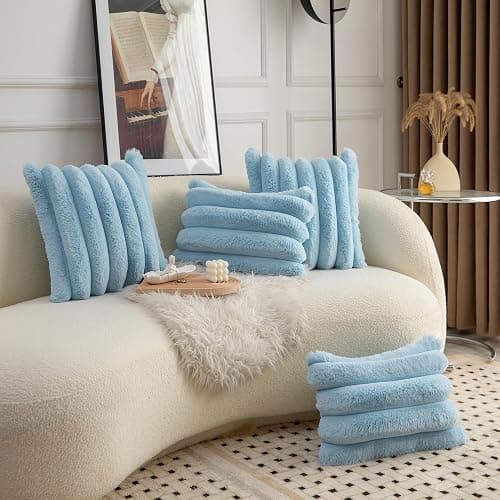 Neelvin Blue Faux Fur Cozy Soft Striped Decorative Throw Pillow Covers 18x18 inch Set of 2,Velvet Pillowcase Cushion Case for Sofa Couch thumbnail 6