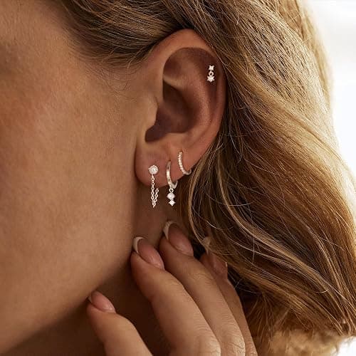 Gold Earrings for Women, 14k Gold Plated Dangle Huggie Earrings for Women Trendy Dainty Gold Hoop Earring Stacks Hypoallergenic Pearl Chain Drop Cartilage Earring Fashion Womens Jewelry thumbnail 2