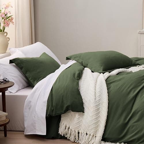 Bedsure Olive Green Duvet Cover Queen Size - 3 Pieces Prewashed Cotton-Like Extra Soft Bedding Set, Includes 1 Duvet Cover 90x90 Inches with Zipper Closure & 2 Pillow Shams, Comforter Not Included thumbnail 4