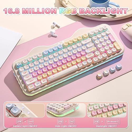 YUNZII C98 Drahtlose Mechanische Tastatur mit Nummernblock,BT5.0/2,4G/USB-C,Hot-Swap Gasket Mount,PBT MOA-Tastenkappen,RGB, Niedliche Kuchen Tastatur für Windows/Mac (Beige, Milk V2 Linear Switch) thumbnail 7