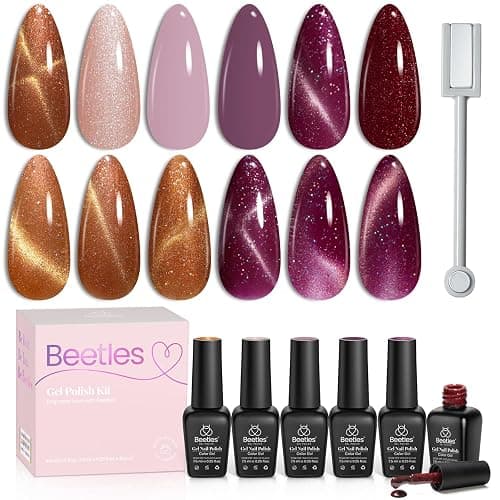 Beetles Cat Eye Gel Nail Polish Set, 6 Colors Stunning Magnetic Effect Nail | Brown Purple Glitter Nude Sparkle Champagne Burgundy Gold lavender U v Gel Polish Art Design Gifts for Women thumbnail 8