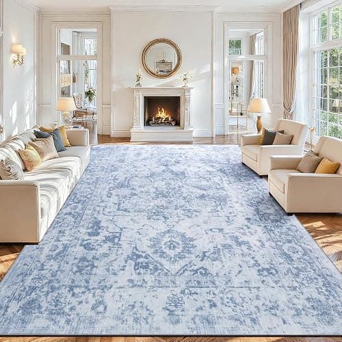 Area Rug 8x10, Washable Rug for Living Room, Large Area Rugs for Bedroom, Vintage Rug 8x10 for Dining Room, Non Slip Soft Low Pile Indoor Carpet for Kitchen, Nursery, Office, Farmhouse, Blue - Image 1