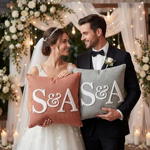 Easycosy Custom Embroidered Monogram Pillow，Personalized Couples Name Wedding Decorative Throw Pillows，Customized Pillow Case for Bed Room Couch Accent, Her Him Gifts thumbnail 3