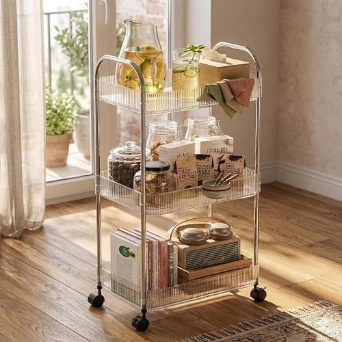 STARLATTA 3 Tier Rolling Cart with Lockable Wheels, Clear Acrylic Utility Trolley with Handle, Heavy-Duty Storage Organizer for Kitchen Bathroom Nursery Laundry - Snack Book Craft Organizer (Clear) - Image 1